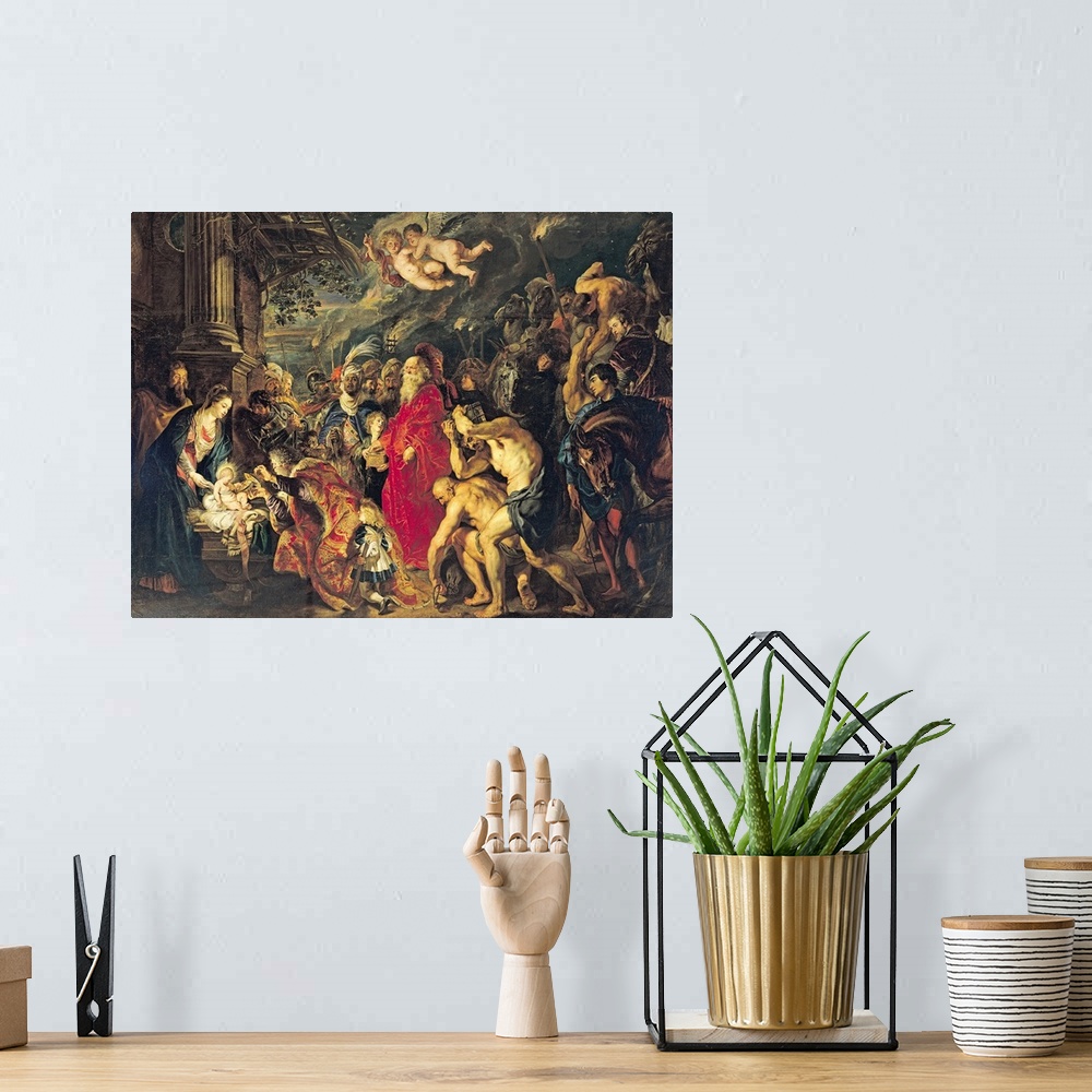 A bohemian room featuring Classic artwork of the piece titled Adoration of the Magi.