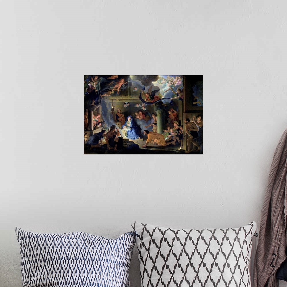 A bohemian room featuring XIR70517 Adoration of the Shepherds, 1689 (oil on canvas)  by Le Brun, Charles (1619-90); 151x215...