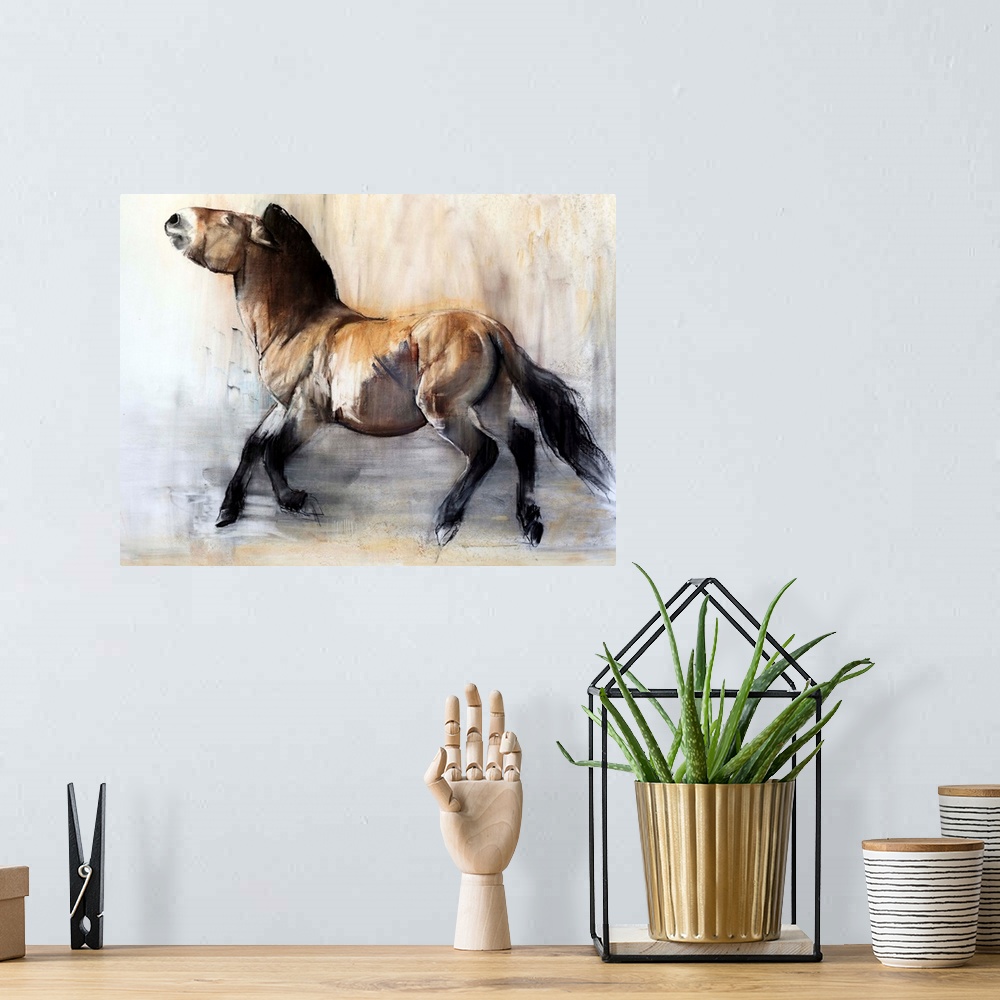 A bohemian room featuring Ancient Horse (Przewalski in winter), 2014, originally pastel and charcoal on paper.