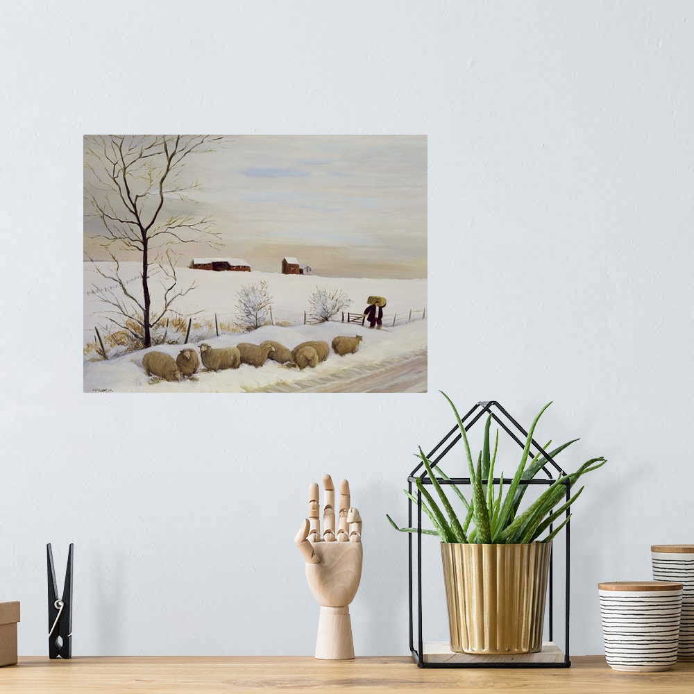 A bohemian room featuring Contemporary painting of flock of sheep outside in the winter.