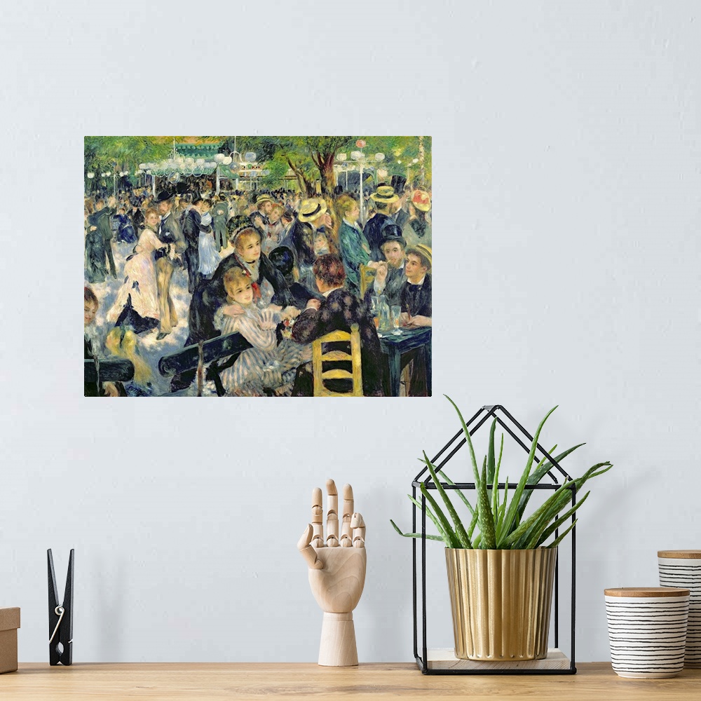 A bohemian room featuring Big classic art depicts a large group of well dressed individuals dancing and relaxing in a park ...