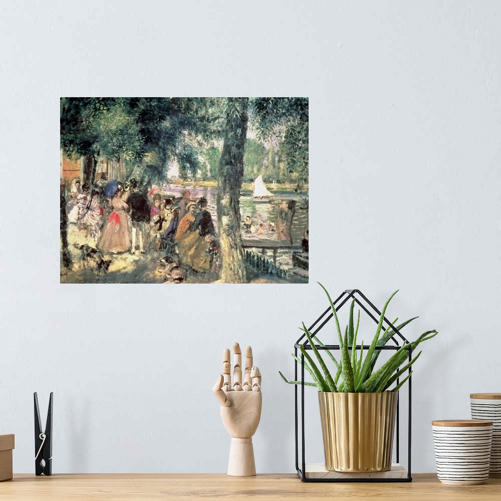 A bohemian room featuring Classical oil painting on canvas of people standing and bathing in a river.