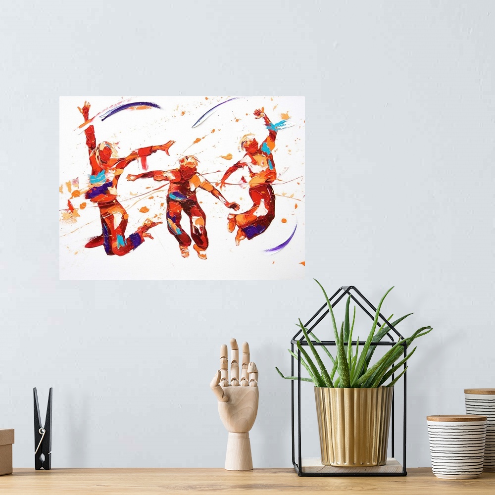 A bohemian room featuring Contemporary painting of figures leaping into the air and dancing.