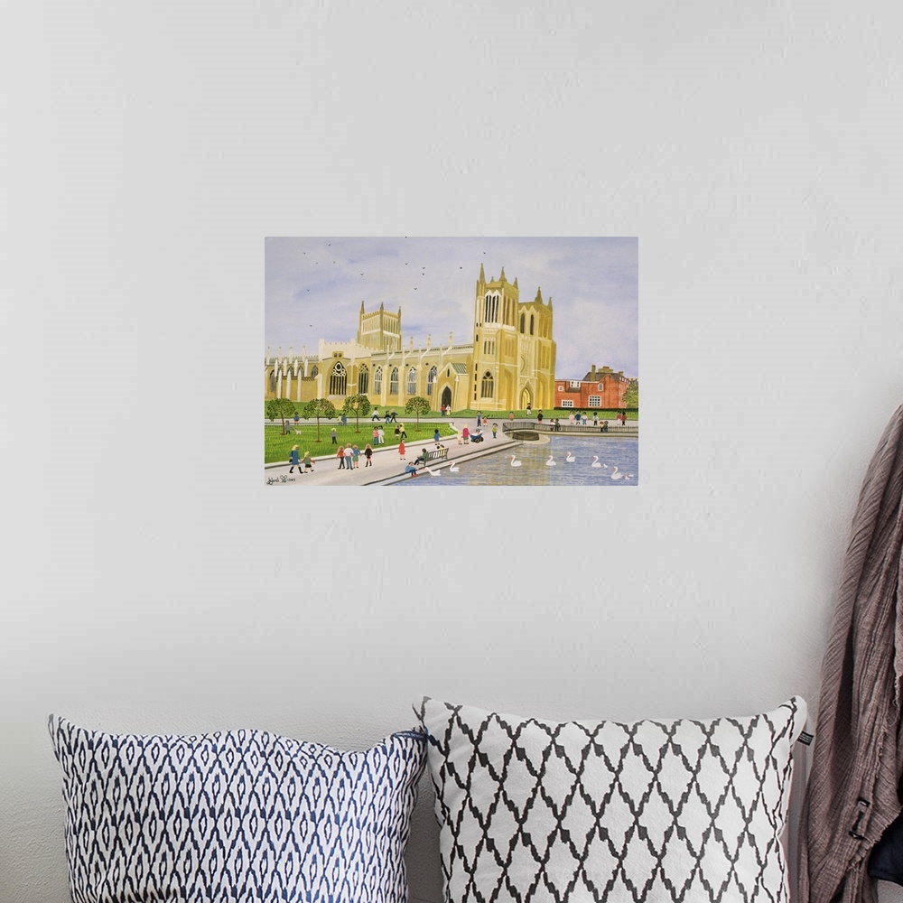 A bohemian room featuring Contemporary painting of people walking by a cathedral.