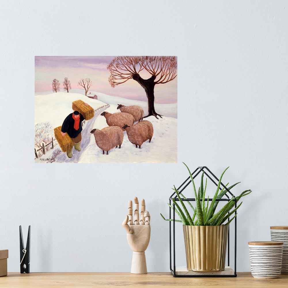 A bohemian room featuring Contemporary painting of a farmer tending to his flock of sheep in the winter.