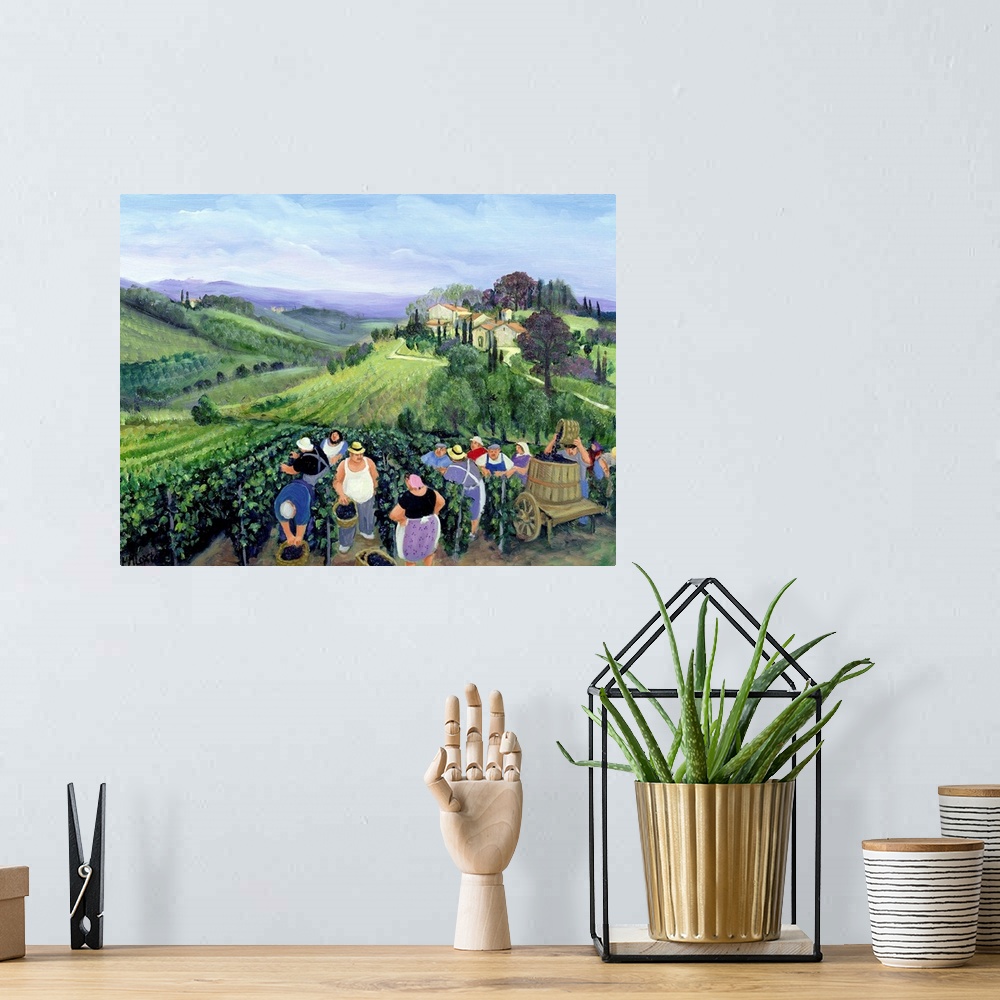 A bohemian room featuring Contemporary painting of farmers in a vineyard in Tuscany.