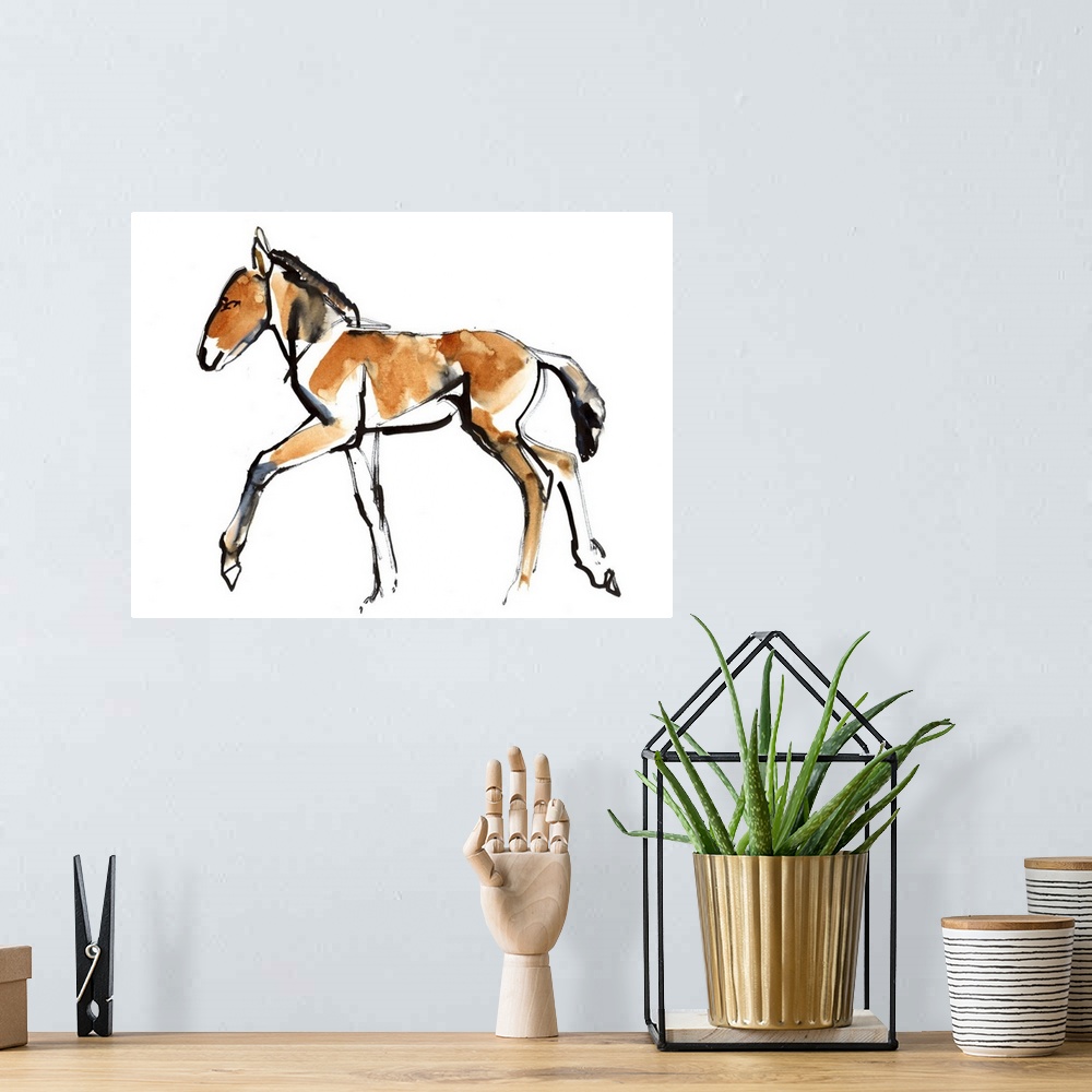 A bohemian room featuring Contemporary artwork of a Mongolian Przewalski horse against a white background.
