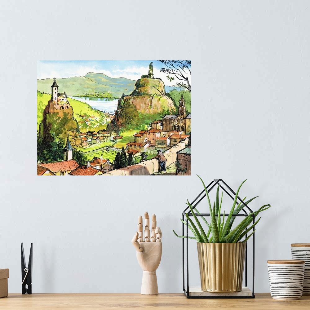 A bohemian room featuring Countryside scene with a church on the rock opposite a statue on a hill