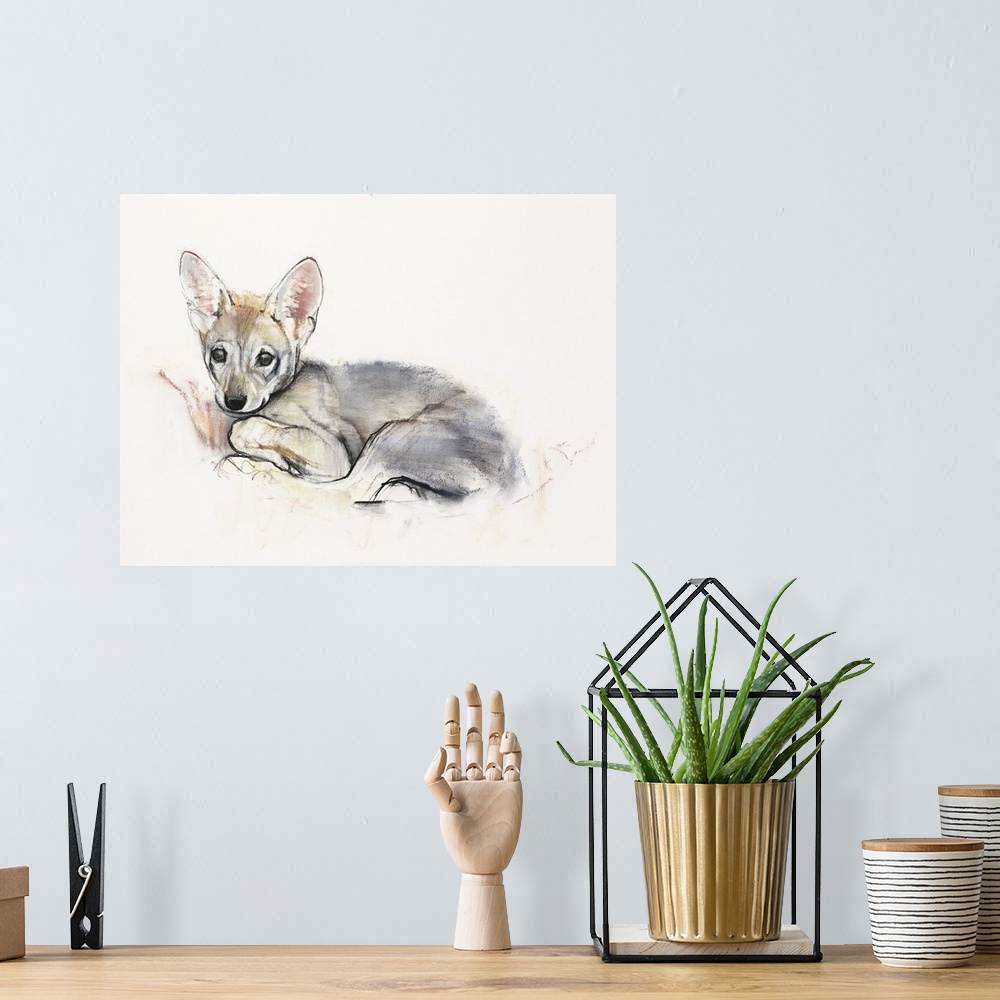 A bohemian room featuring Contemporary wildlife painting of an Arabian Wolf cub.