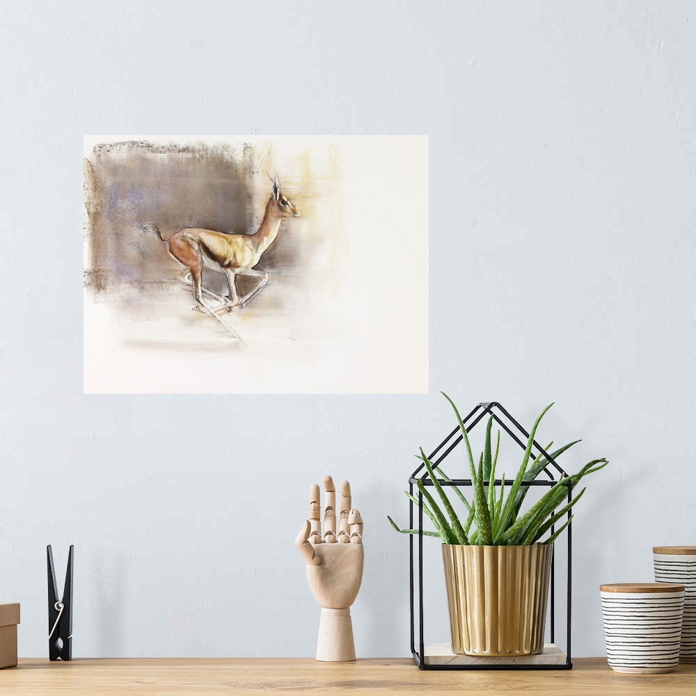 A bohemian room featuring Contemporary wildlife painting of a galloping gazelle.