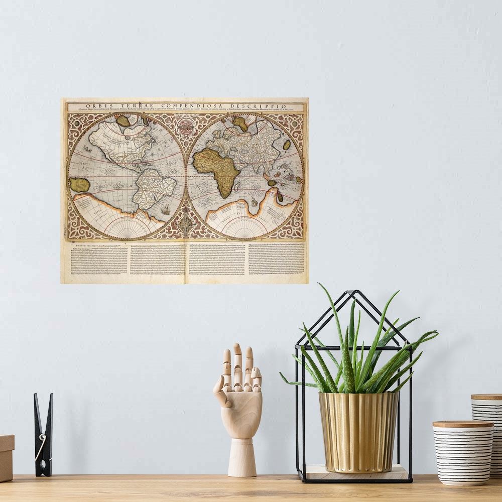 A bohemian room featuring Large horizontal wall hanging of a vintage, double hemisphere world map from the year 1587, on a ...