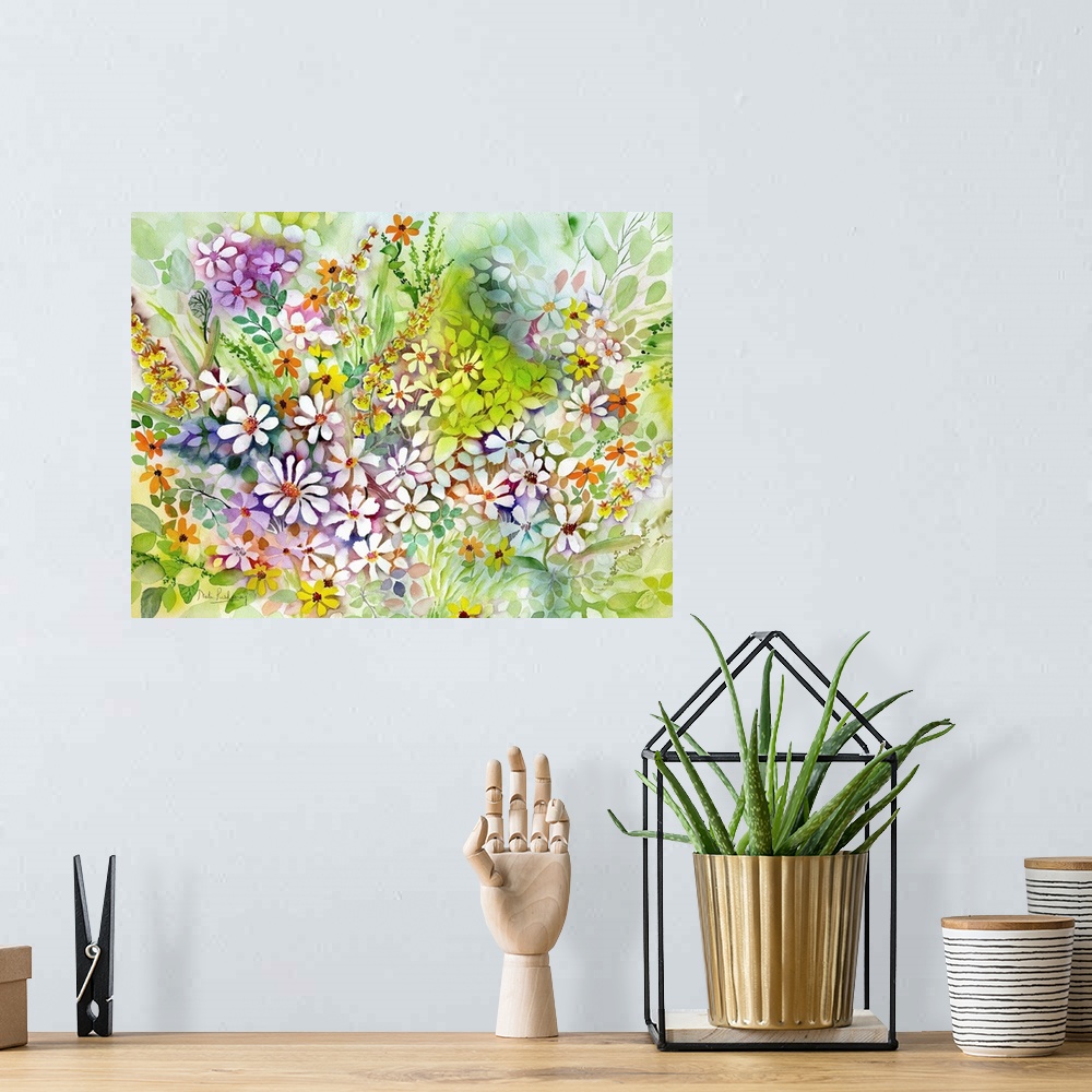 A bohemian room featuring Contemporary watercolor painting of white daisies and green leaves.