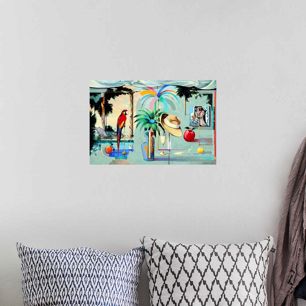A bohemian room featuring Contemporary painting of the interior of a tropical island bungalow.