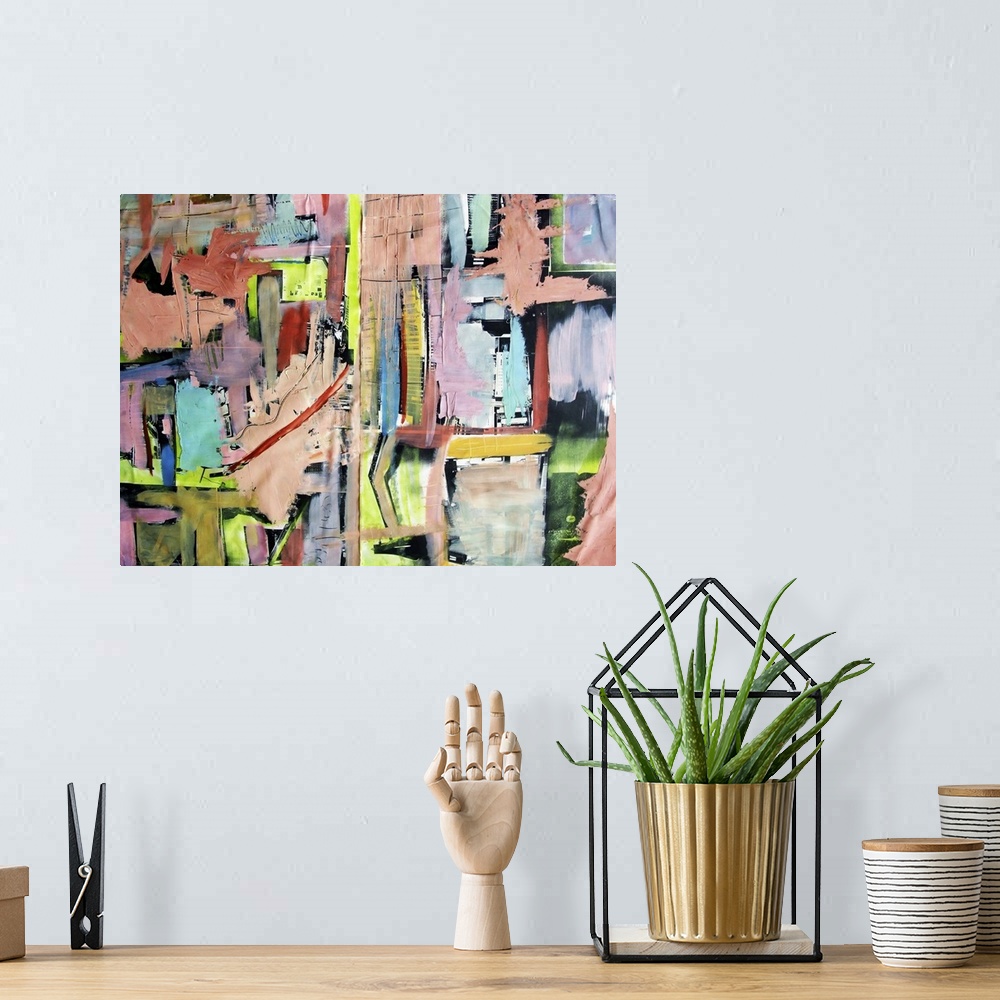 A bohemian room featuring Contemporary abstract painting using bright vivid colors and strong geometric shapes.