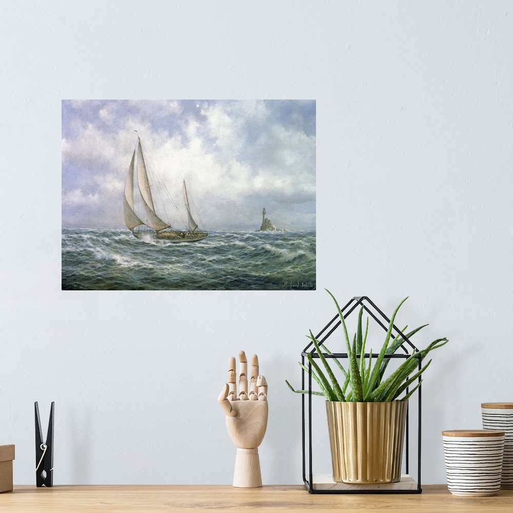 A bohemian room featuring A large artwork piece of a sailboat in rough waters with a cloudy sky behind it and a lighthouse ...