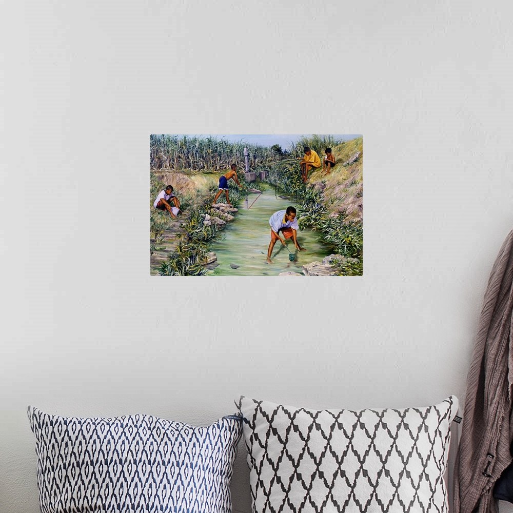 A bohemian room featuring This wall art is a realistic landscape painting African-American art of young men fishing in a st...