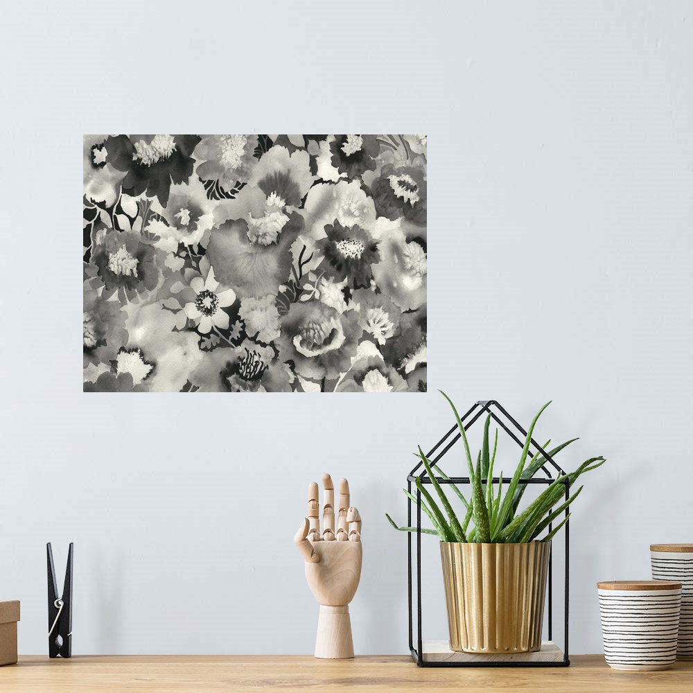 A bohemian room featuring , contemporary artwork sing black ink to make a collection of flowers.