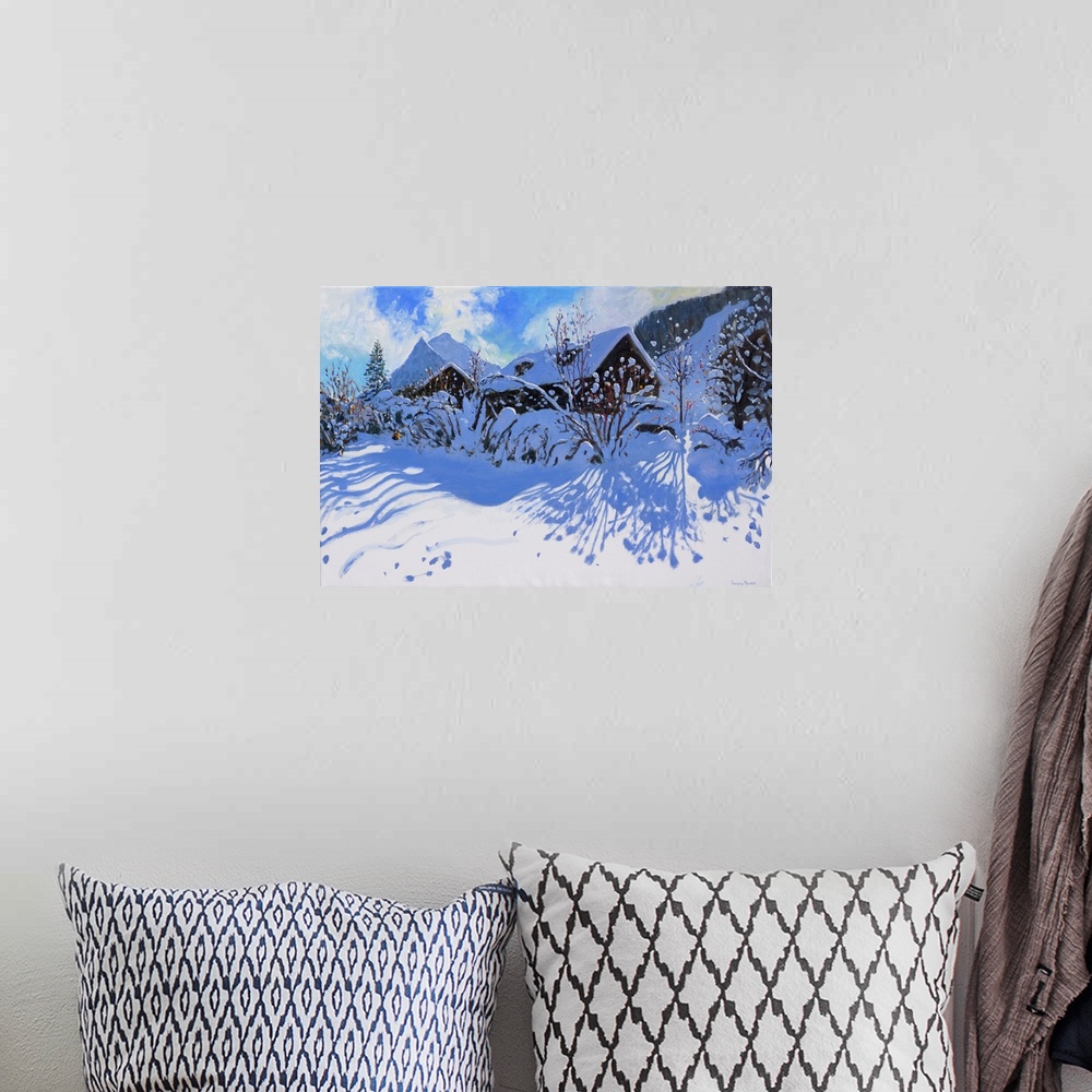 A bohemian room featuring Fresh snow, Morzine Village, 2015, oil on canvas.