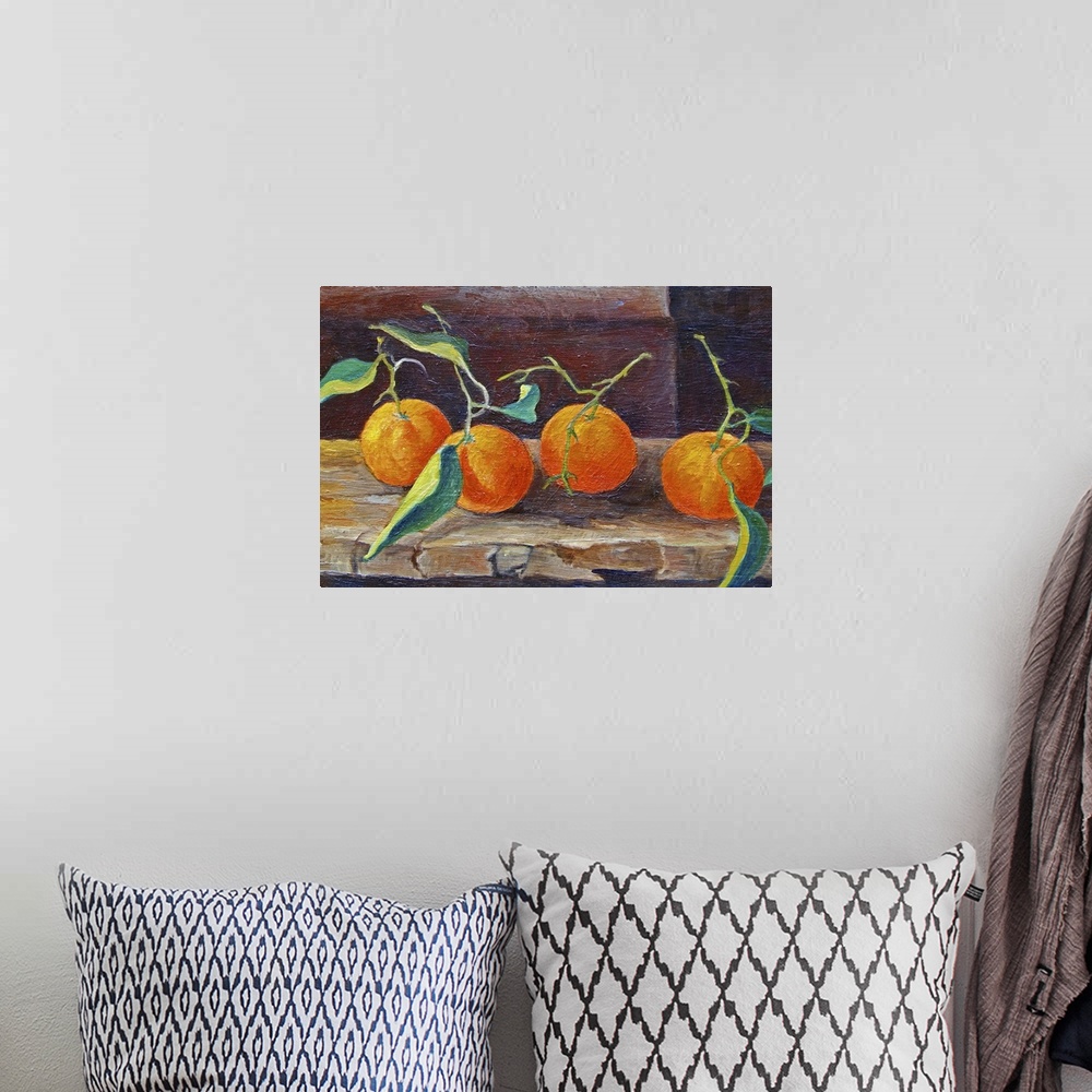 A bohemian room featuring Contemporary still-life painting of oranges sitting on a shelf.