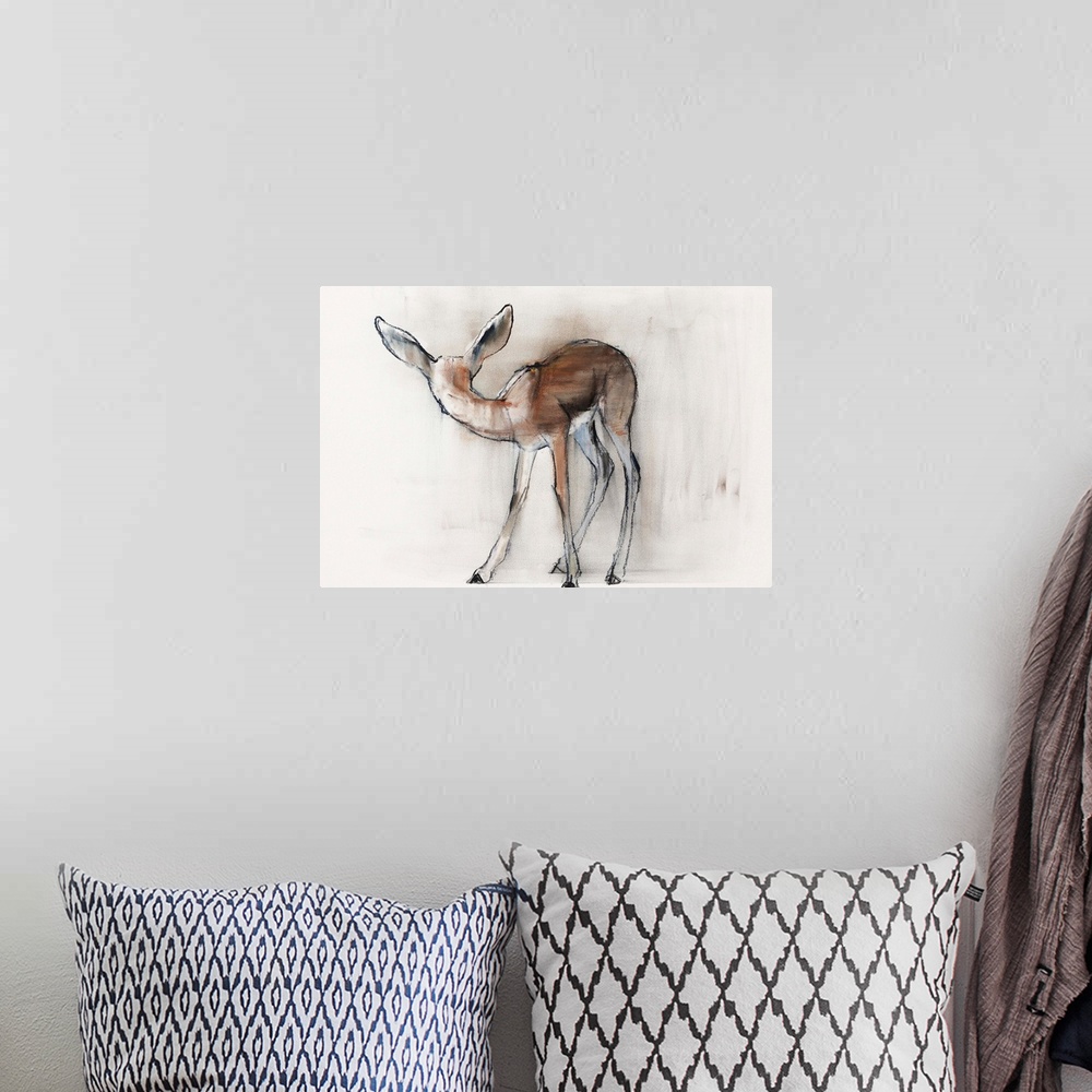 A bohemian room featuring Contemporary wildlife painting of a young gazelle fawn.