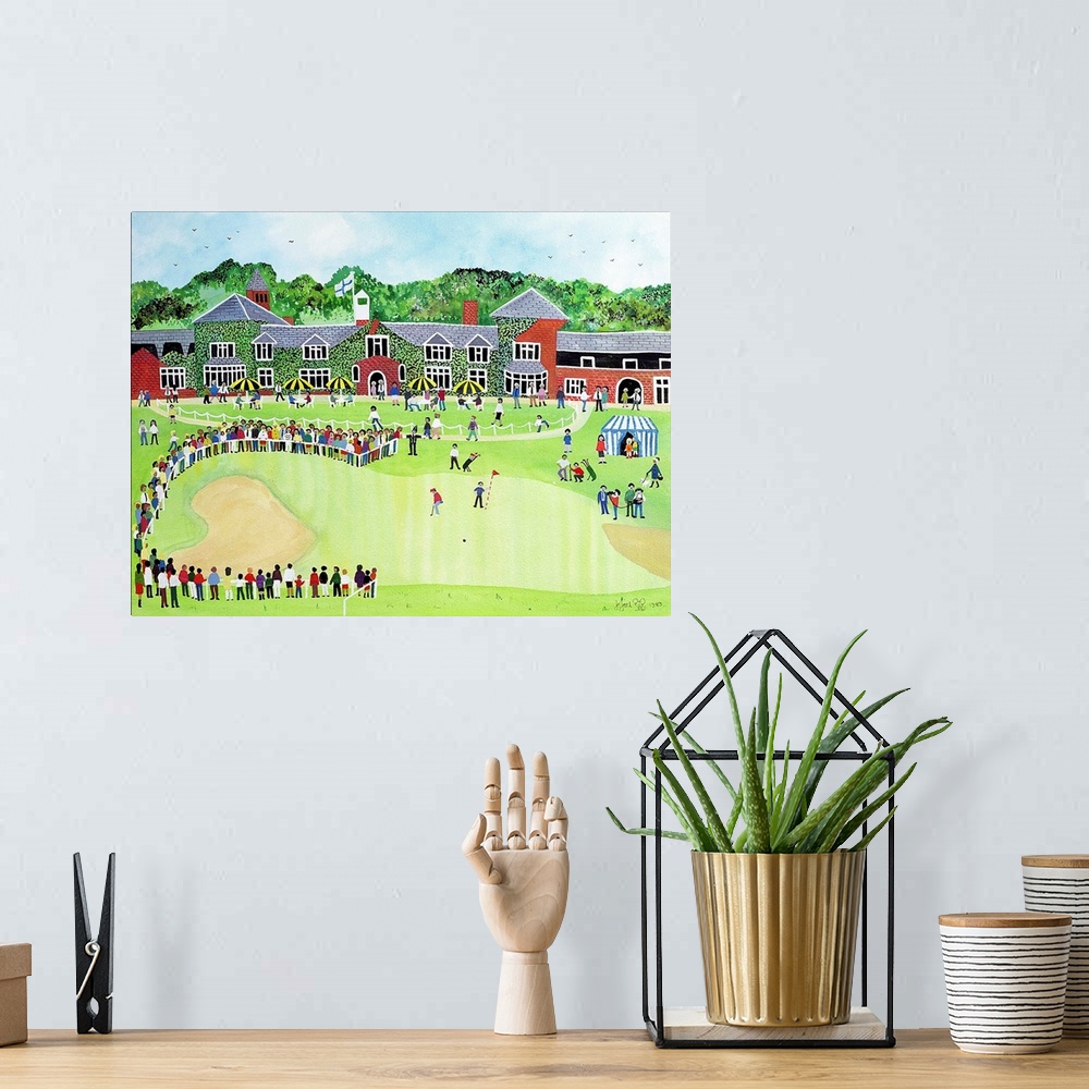 A bohemian room featuring Contemporary painting of people watching a golf game.