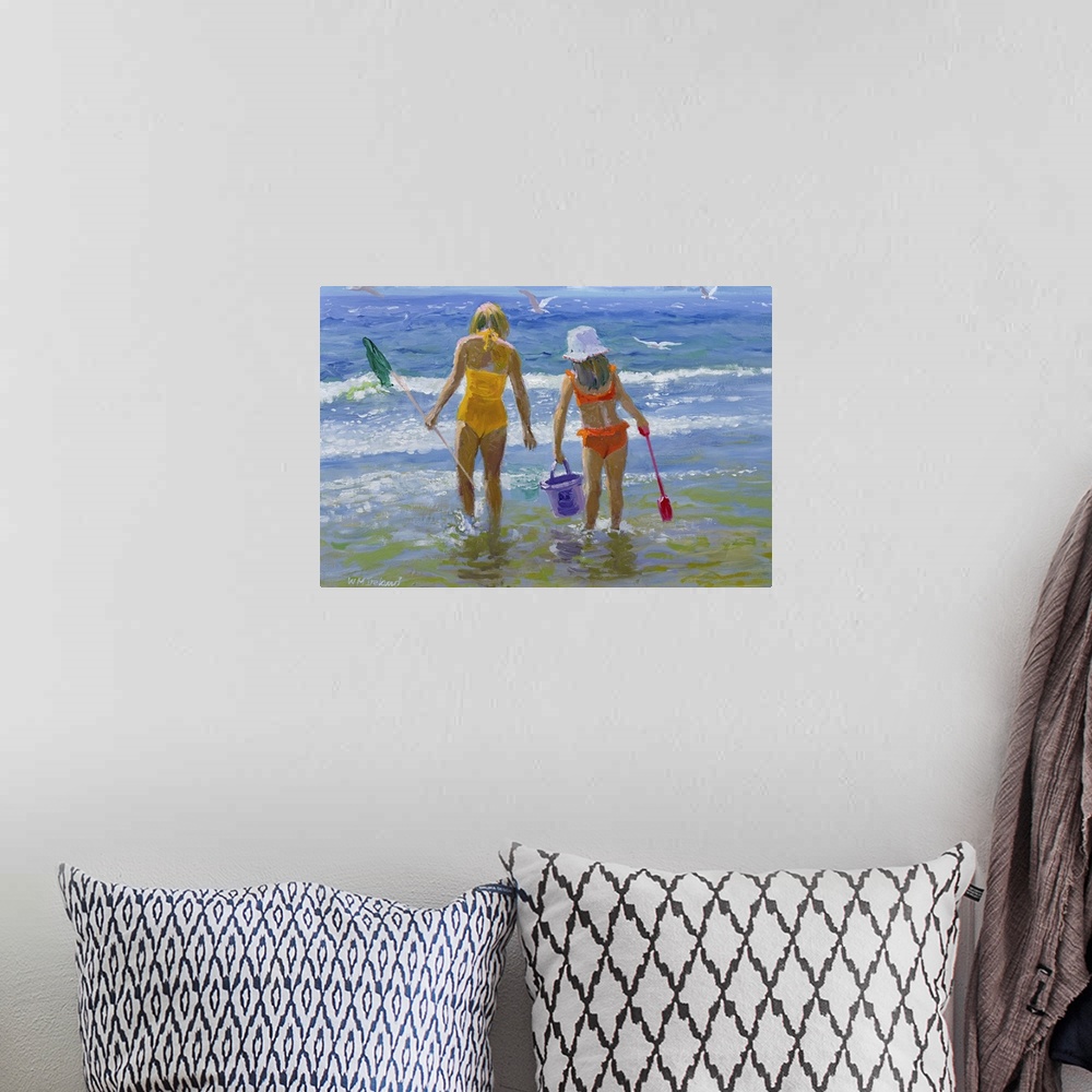 A bohemian room featuring Oil painting of two young girls from behind, standing in the ocean holding a fishing net, bucket,...