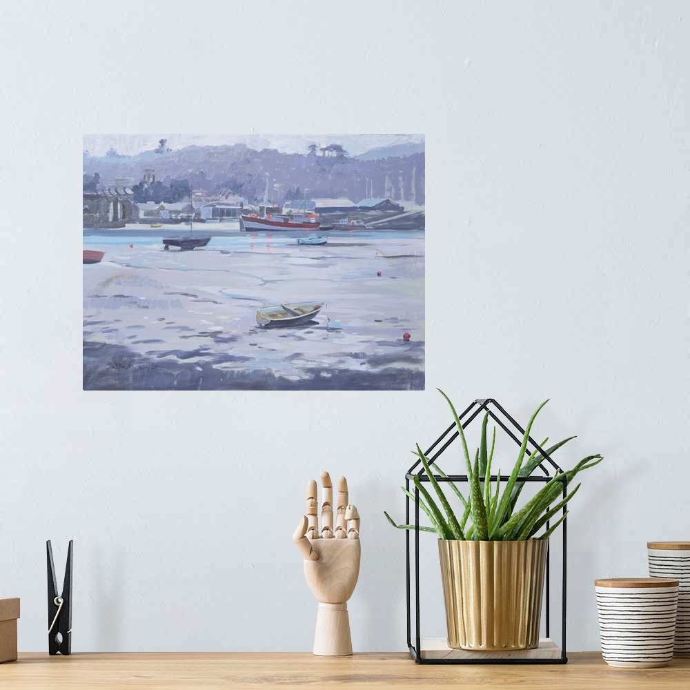 A bohemian room featuring Contemporary painting of a muggy looking harbor scene.