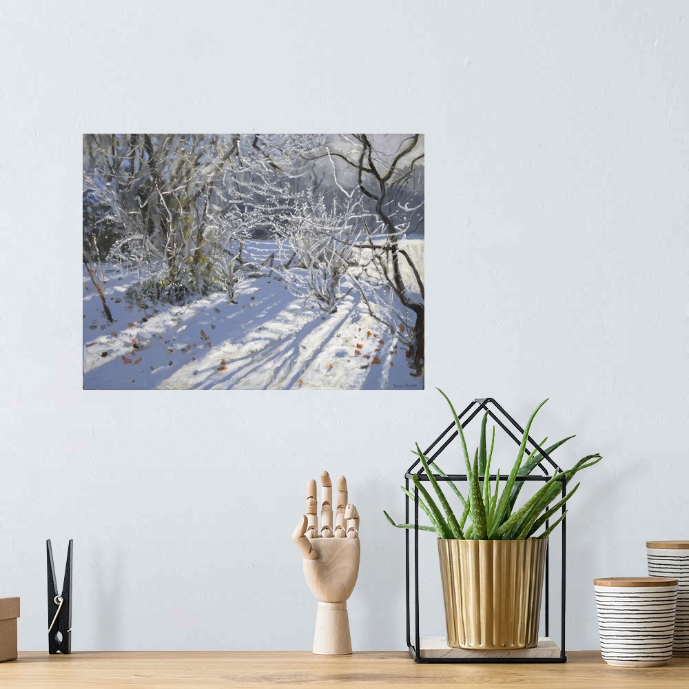 A bohemian room featuring Contemporary painting of a countryside scene covered in the snow of winter.