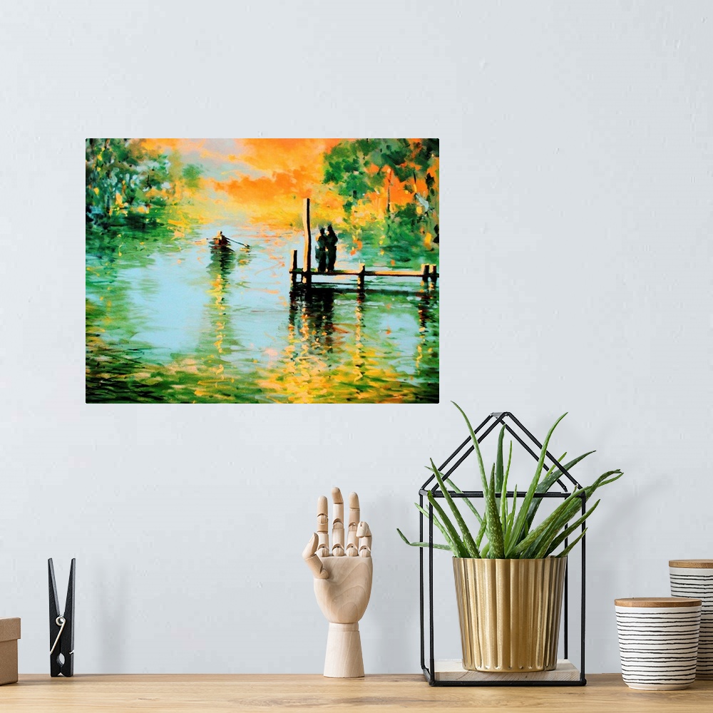 A bohemian room featuring Contemporary painting of a silhouetted figures on a dock watching a boat row away down the river.