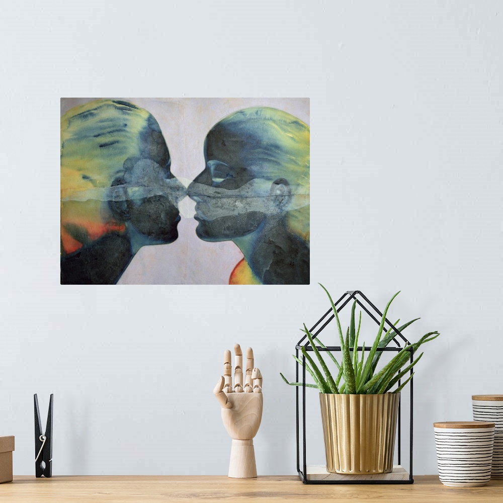 A bohemian room featuring Contemporary watercolor painting of two people face to face.