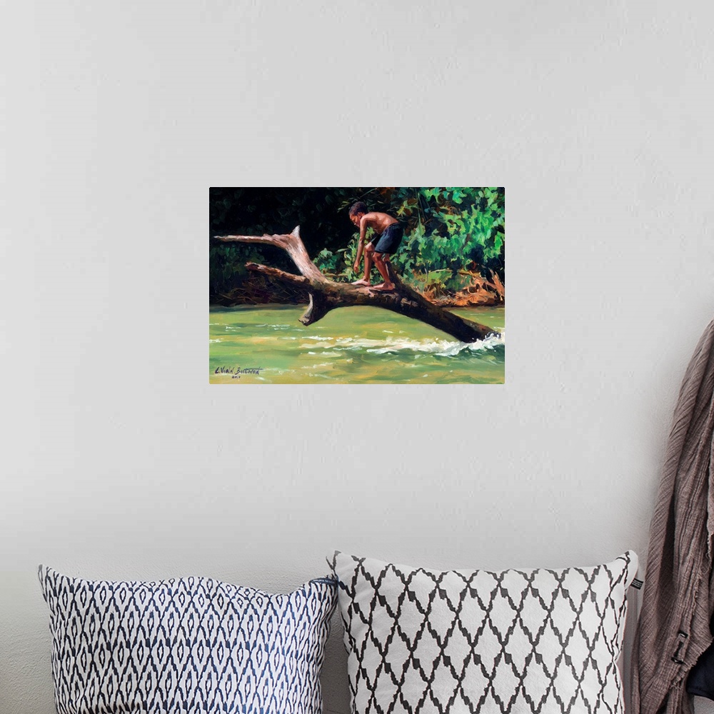 A bohemian room featuring Contemporary painting of a boy on a tree ready to jump into the water.