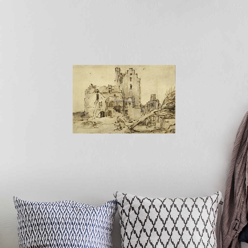 A bohemian room featuring Kostverloren Castle in Decay, 1652-57, pen and brown ink, with brush and brown wash, heightened w...