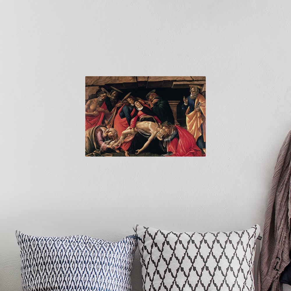 A bohemian room featuring XIR604 Lamentation of Christ. c.1490 (oil on panel)  by Botticelli, Sandro (1444/5-1510); 140x207...
