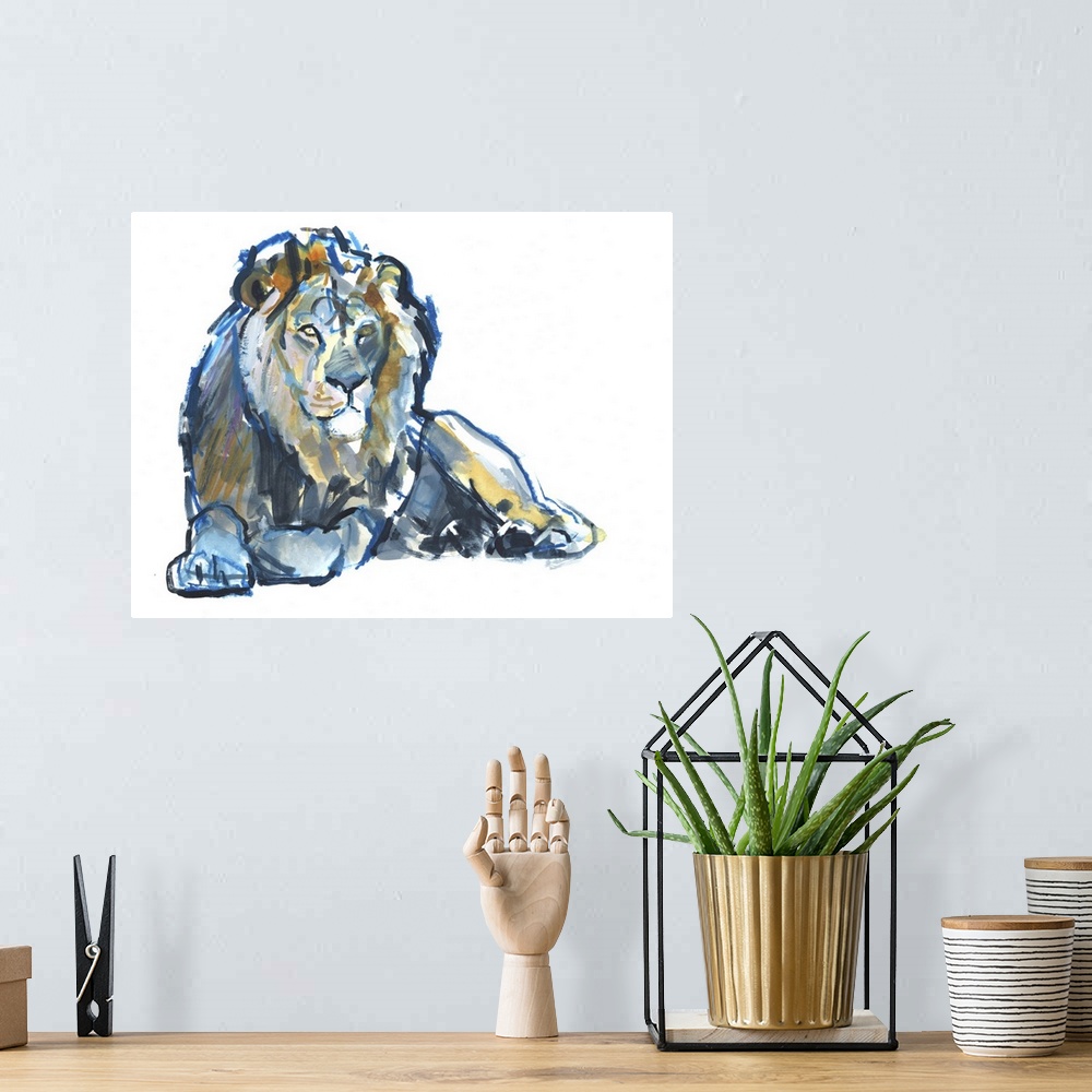 A bohemian room featuring Contemporary artwork of a lion outlined in blue and filled in with color on a solid white backgro...
