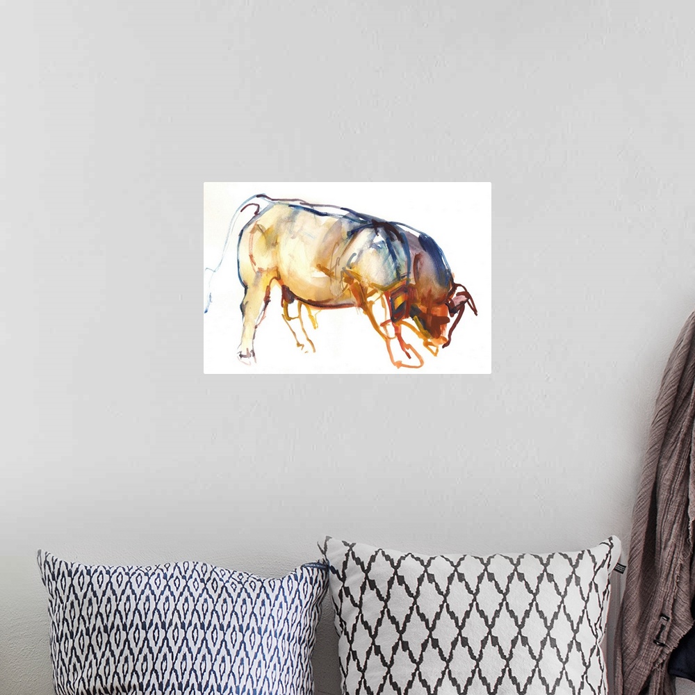A bohemian room featuring Contemporary artwork of a bull against a white background.