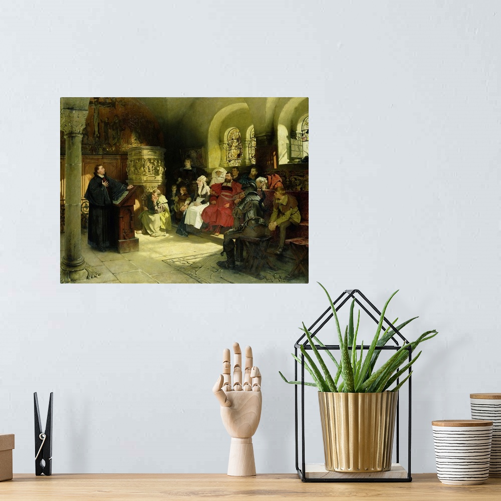 A bohemian room featuring 'Luther predigt wahrend seiner Gefangenschaft auf der Wartburg aus seiner Bibelubersetzung'; Mart...