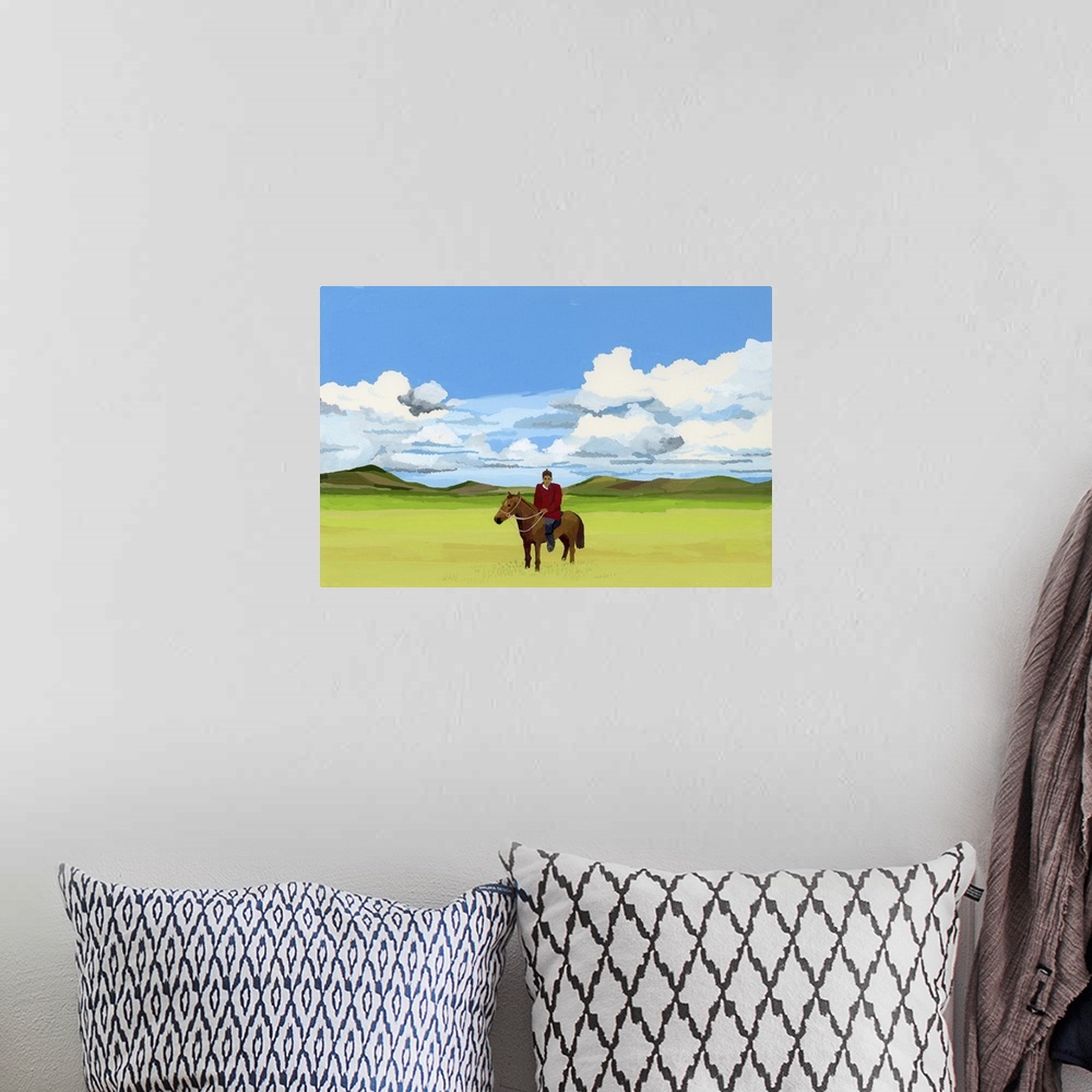 A bohemian room featuring Mongolian Steppes And People Riding Horses, 2015