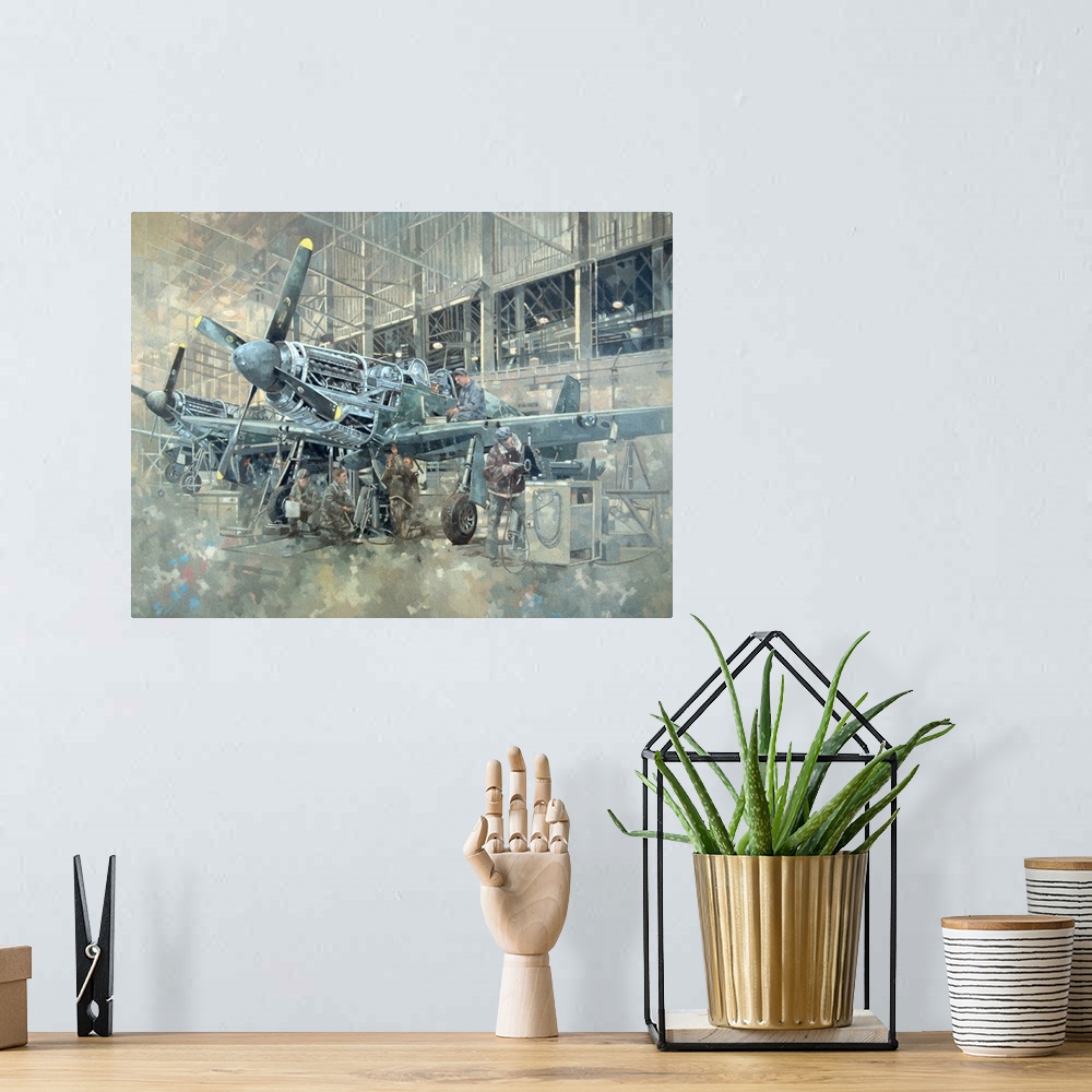 A bohemian room featuring Painting of airplanes in a hangar with pilots at work.