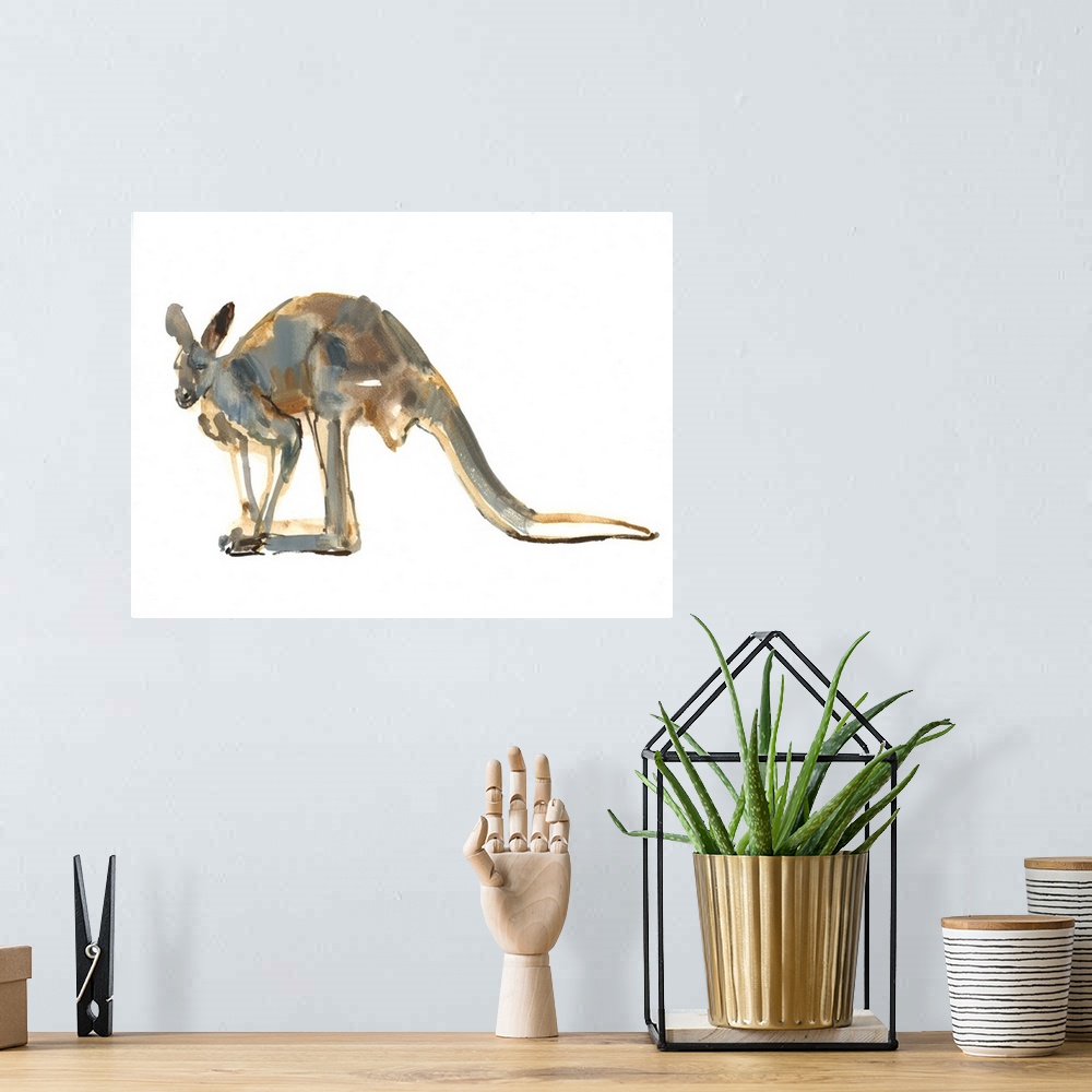 A bohemian room featuring Contemporary artwork of a kangaroo  against a white background.