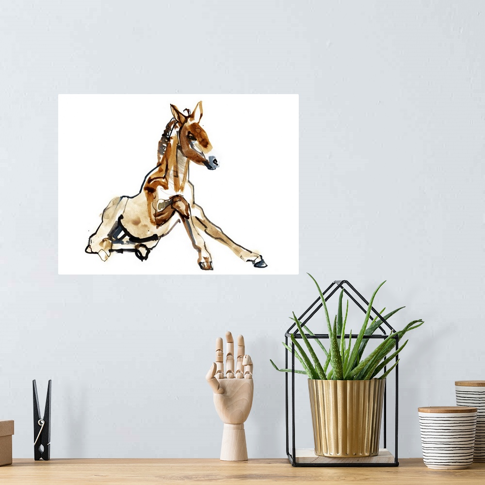 A bohemian room featuring Contemporary artwork of a young Mongolian Przewalski horse trying to stand for the first time aga...