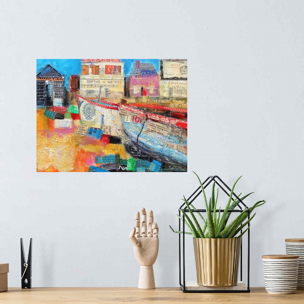 A bohemian room featuring Contemporary painting of fishing boats in a harbor.