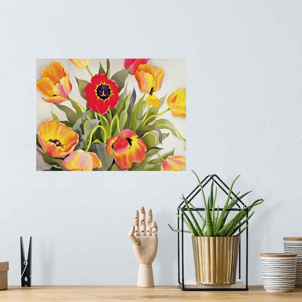 A bohemian room featuring Orange and Red Tulips