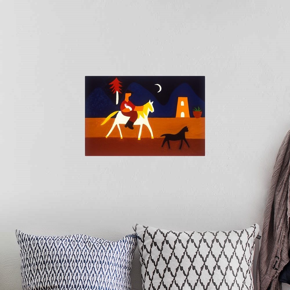 A bohemian room featuring Contemporary painting of a man with a baby riding a horse at night.