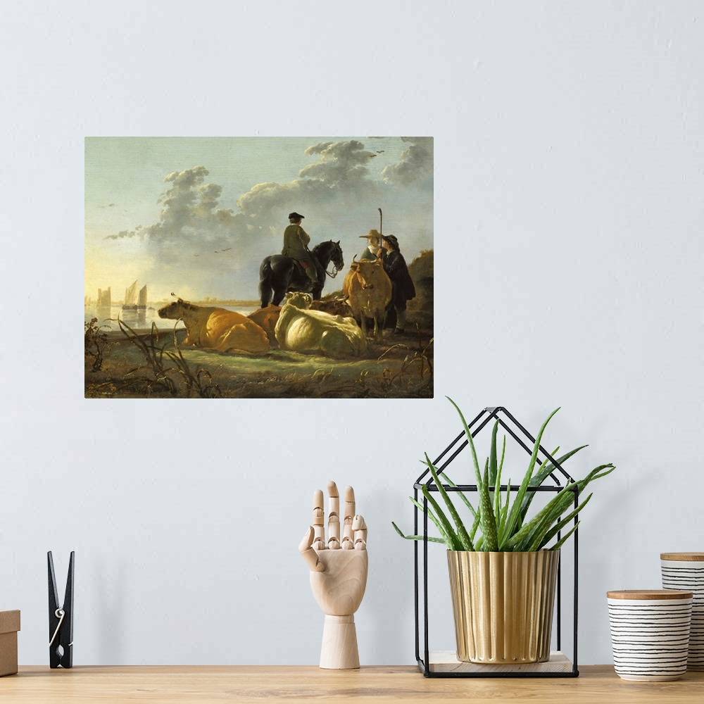 A bohemian room featuring Peasants and Cattle by the River Merwede, c.1655-60