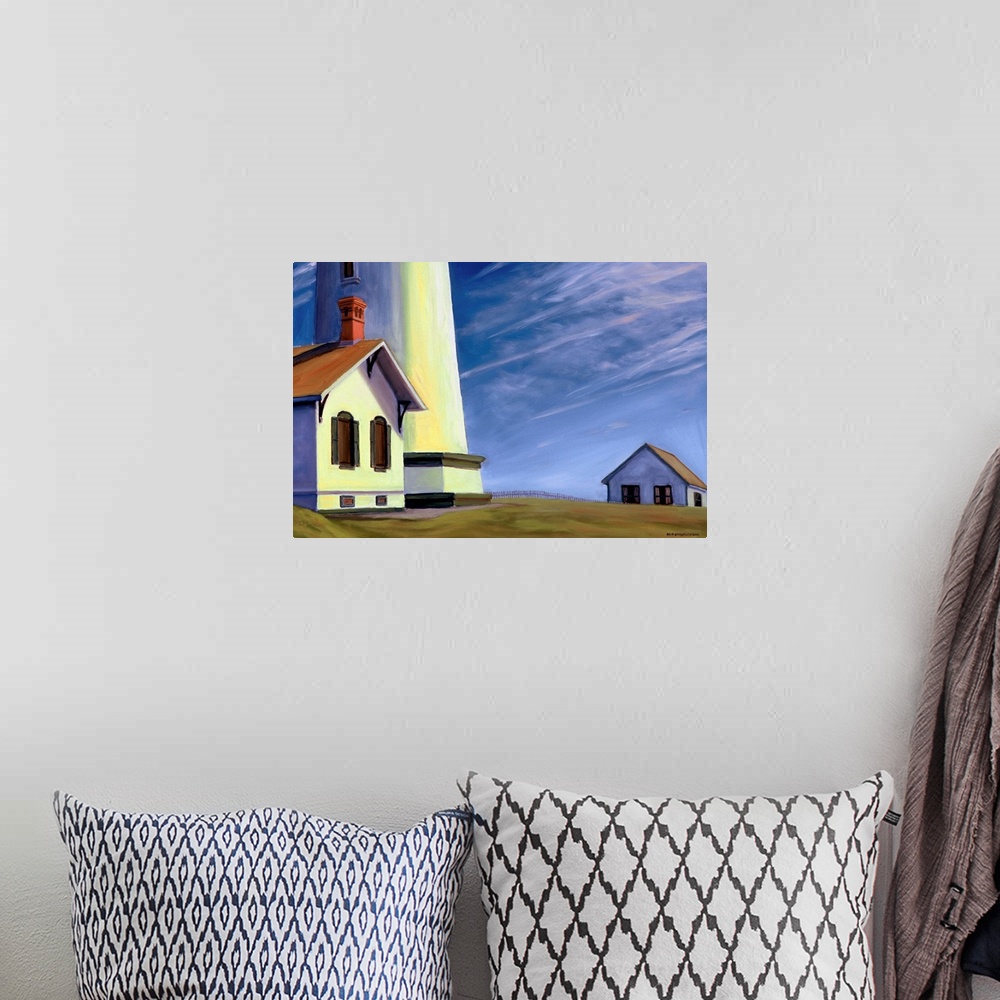 A bohemian room featuring Contemporary artwork of a small house next to a lighthouse on the coast of Washington.