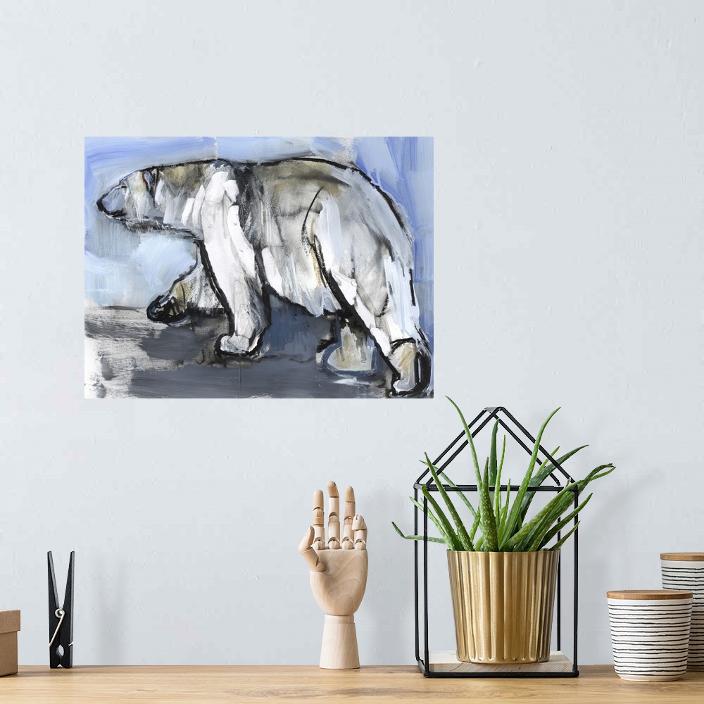 A bohemian room featuring Contemporary artwork of a polar bear against a blue icy background.