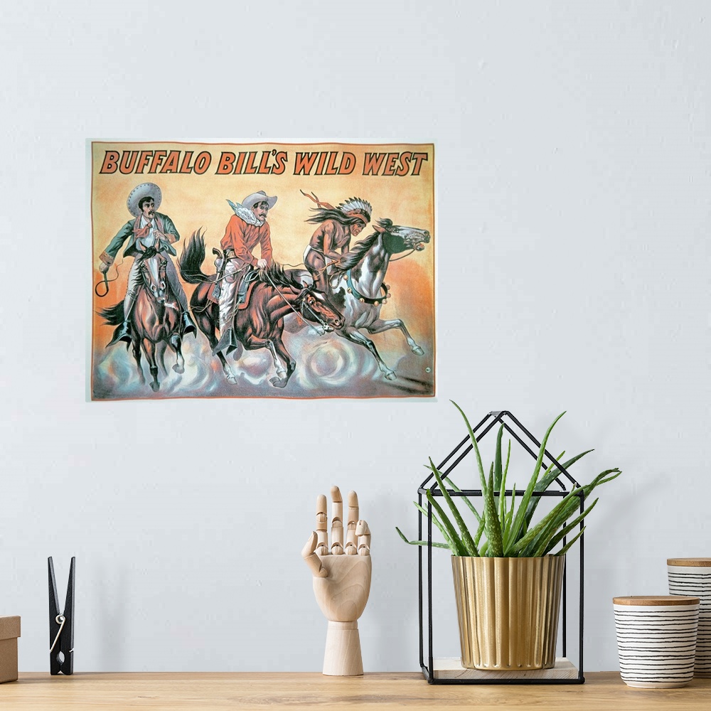 A bohemian room featuring This vintage poster is for Buffalo Bill's Wild West Show. Three men, two cowboys and an Indian, a...