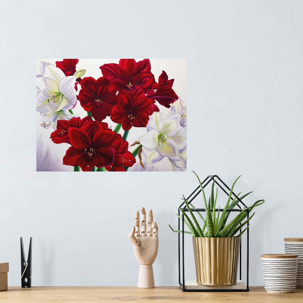 A bohemian room featuring Contemporary painting of a bouquet of amaryllis flowers.