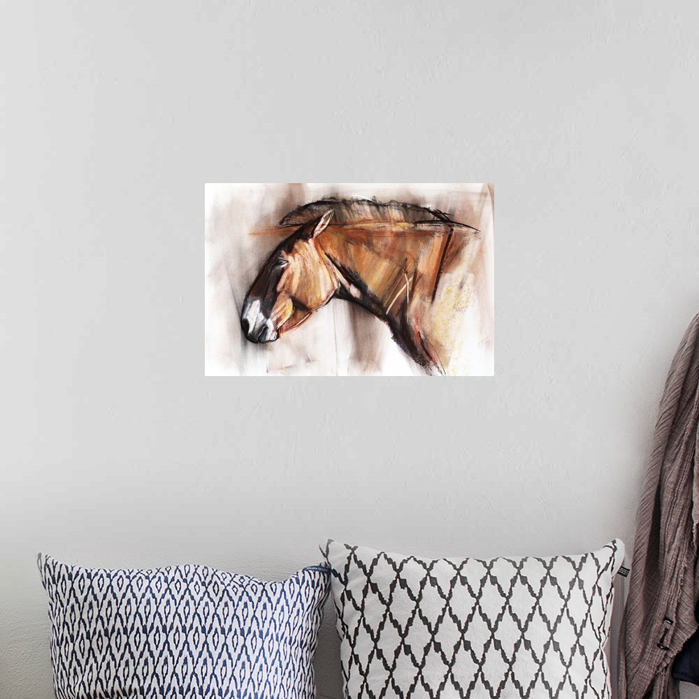 A bohemian room featuring Resting Horse, 2013, originally pastel and charcoal on paper.
