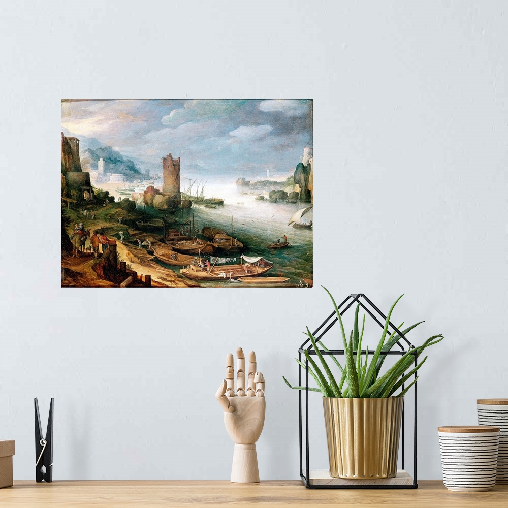 A bohemian room featuring XAM65625 River Scene with a Ruined Tower (oil on canvas)  by Brill or Bril, Paul (1554-1626); 21....
